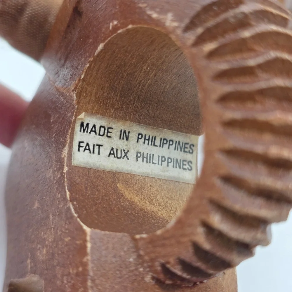 Vintage Hand Carved Wood Elephant Napkin Rings Set of 7 Philippine Brown Artisan